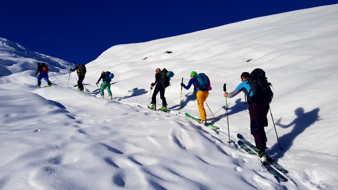 6 people ski touring in kazbegi region